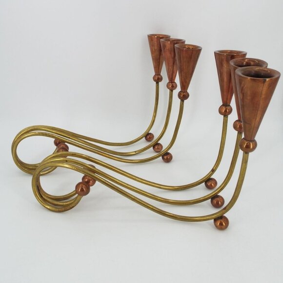 Pair of Vintage MCM 3-Arm Brass and Copper Modernist Candelabras - Picture 1 of 16